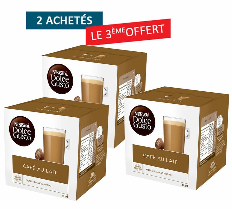 Offre 2+1 - 48 capsules Nescafe Dolce Gusto Café au Lait