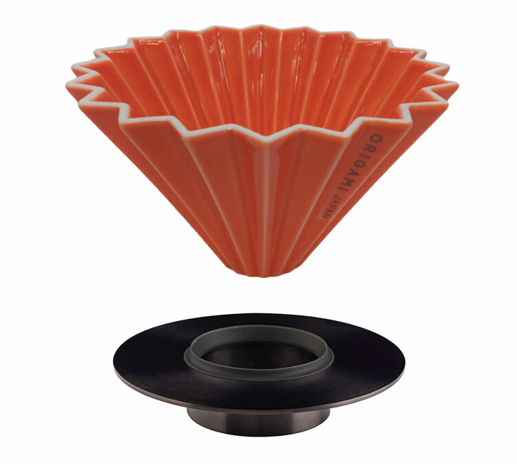 Origami dripper orange en porcelaine avec support en inox