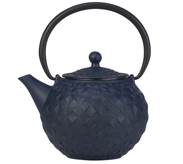 blue cast iron teapot