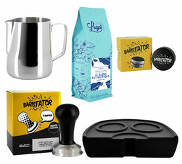 Pack Barista BARISTATOR : tamper, répartiteur, pichet à lait, tapis de tassage et 250 g de café en grain