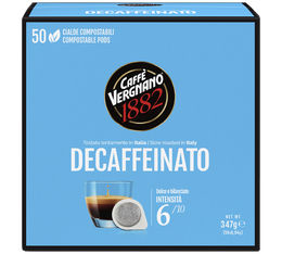 Dosettes ESE Decaffeinato Caff&egrave; Vergnano et tasse d'espresso d&eacute;caf&eacute;in&eacute;
