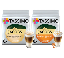 dosettes tassimo latte macchiato caramel et vanille avec deux tasses de cafe gourmand mousseux