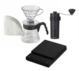 Hario Starting Kit: V60 Plastic Dripper, Glass Server, Mini Black Pro Grinder and Polaris Scale