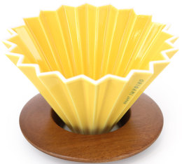 Dripper jaune en porcelaine 4 tasses + support en bois - Origami