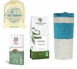 Pack cadeau Bio : Café en grain GREEN LION, Mug isotherme et chocolat