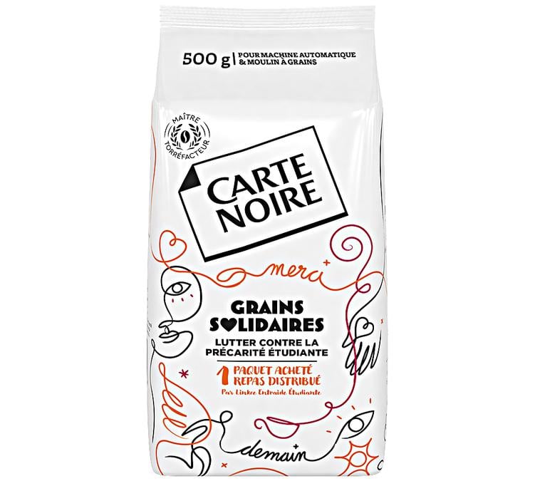 paquet de cafe en grain grains solidaires carte noire 900 g, blend solidaire au design noir et dore