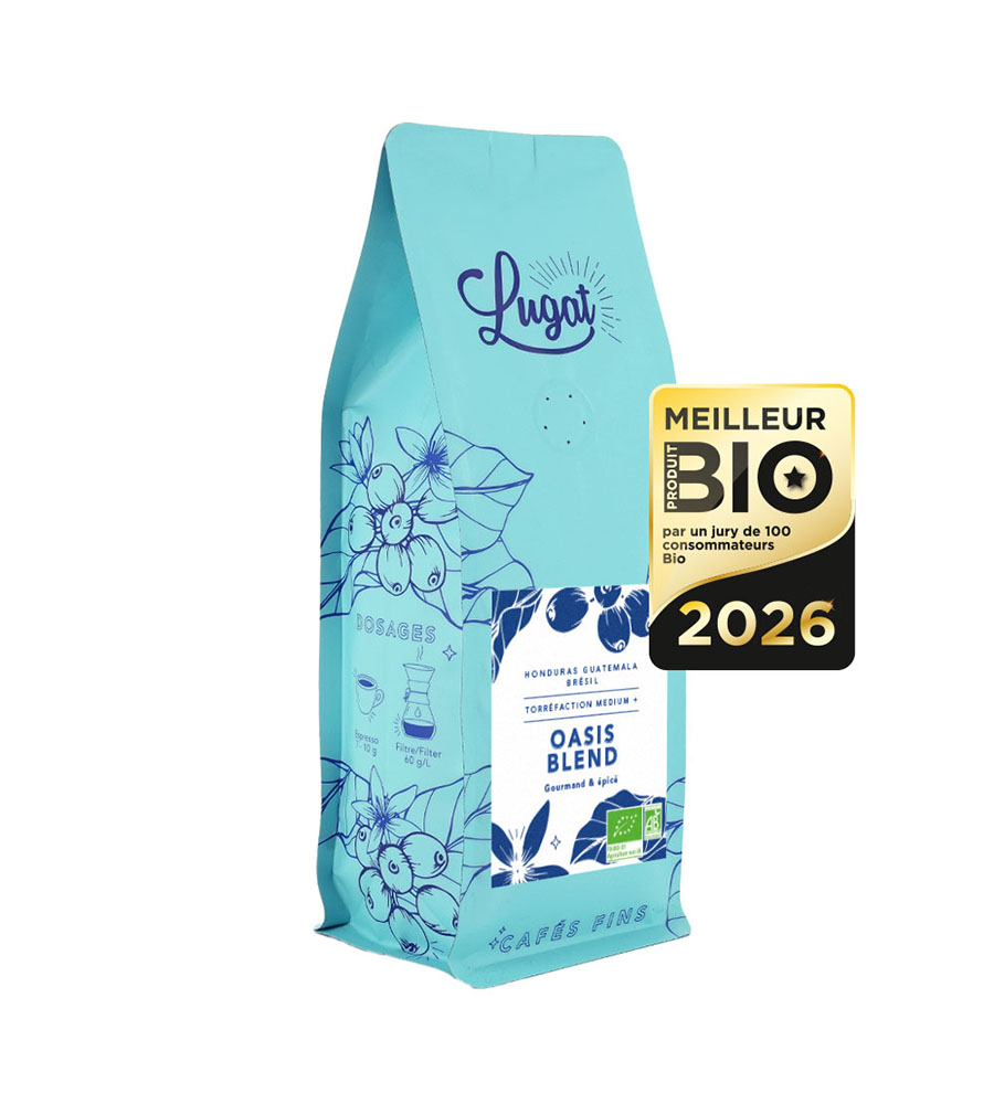 cafe en grain bio lugat oasis blend 250g notes cacao noisette