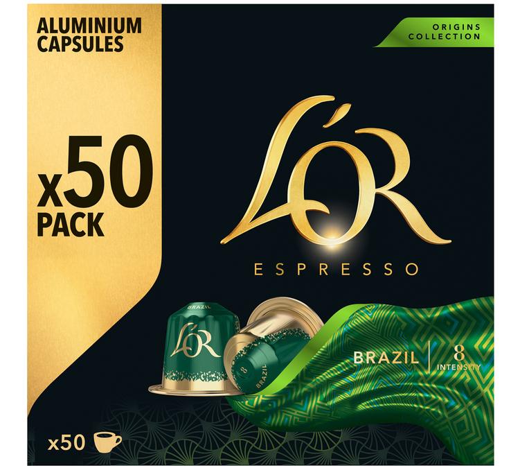 Maxi pack L&rsquo;OR Espresso Brazil capsules x50 Nespresso Original compatible &ndash; velvety coffee with hazelnut and caramel notes