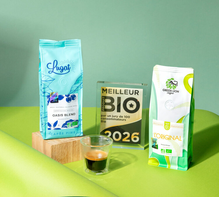 distinction meilleur produit bio cafes en grain bio medailles oasis blend lugat et l original green lion coffee