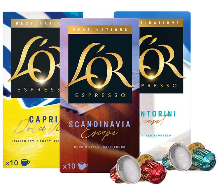 Nespresso* Original compatible capsules L'OR Espresso assortment Capri Scandinavia Santorini 30 aluminium coffee capsules
