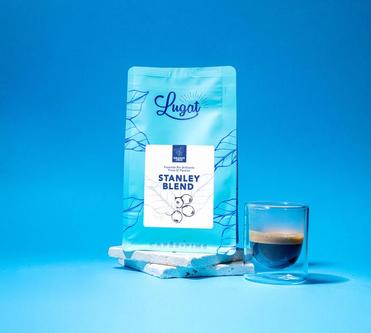 200g pack of stanley blend lugat coffee beans with espresso glass